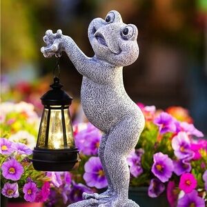 Frog Statue with Solar Lantern - 10 Inch Resin Solar Outdoor Yard Lawn Garden